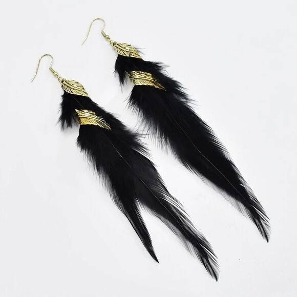 Bohemian Black Feather Drop Earrings with Twisted Gold Leaf Vintage Statement - Picture 2 of 4